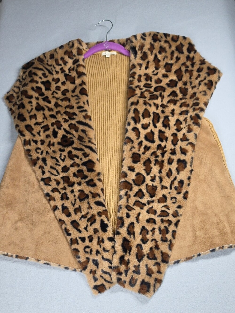 Leopard Faux Fur Collar Teddy Vest - Tan